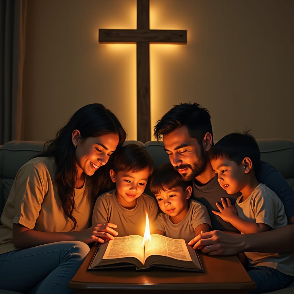 crie uma imagem de pais cristãos preparando o ambiente para orar com os filhos, coloque uma biblia sagrada na imagem