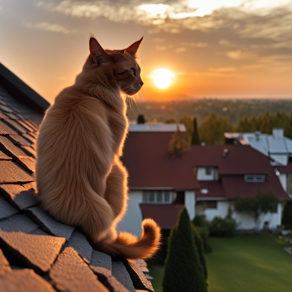 Photo: A cute cat sits on the chimney of a house, sunset, th...