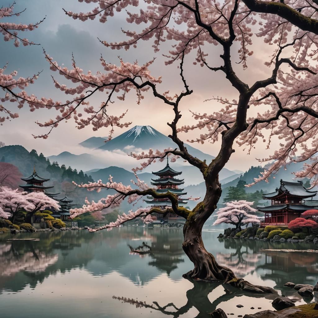 Sakura Tree by Lake in Folk Art Style