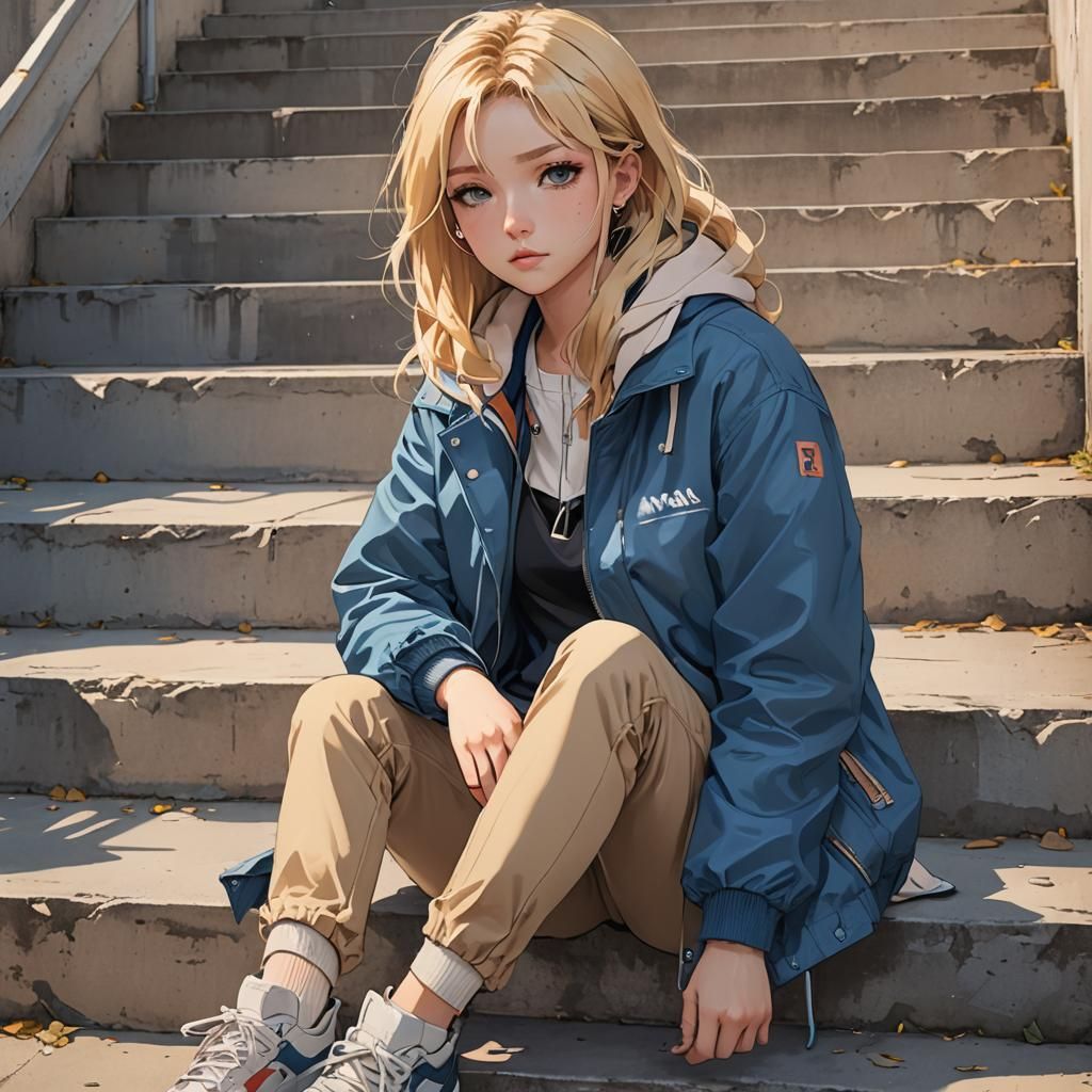 Girl on Concrete Stairs in Vibrant Anime Style