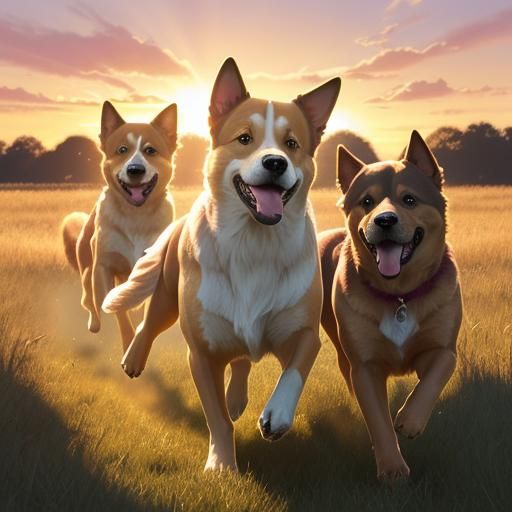 Dogs Playing in a Sunlit Field: Vibrant Digital Art
