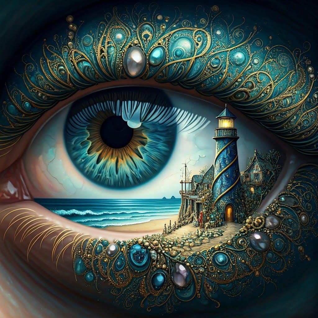 "✨ Dive into the enchanting details: An eye transformed into a portal of jewels and coastal dreams, where ...  by @Bewitched