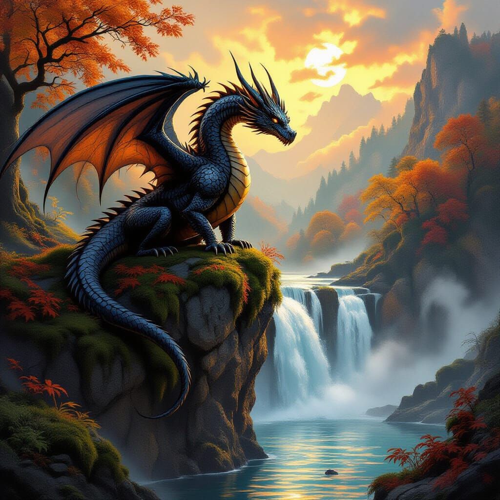 A majestic dragon, intricately folded from vibrant crimson and gold paper, soars through a sky made of layered blue and white paper clouds. ...