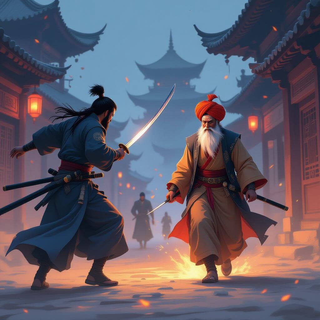Warrior Pursues Elder in Twilight Fantasy Art