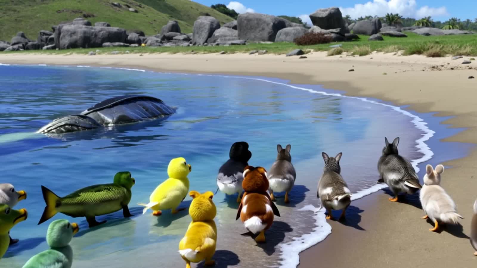 “Sea monster on bunny bay’s cove”
… ducklings, frogs, bunnies, and more hunt down the dreaded sea monster aka a fish.