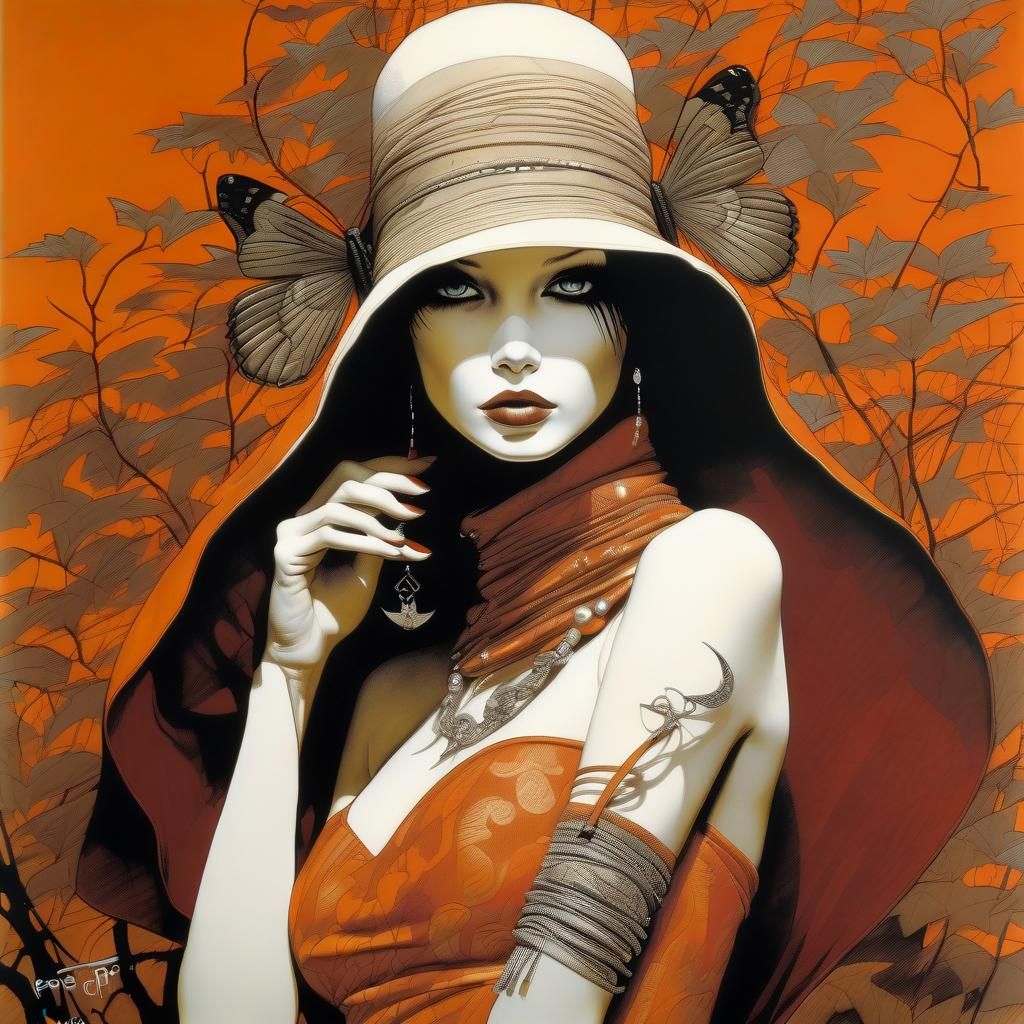 Portrait in maroon and orange.