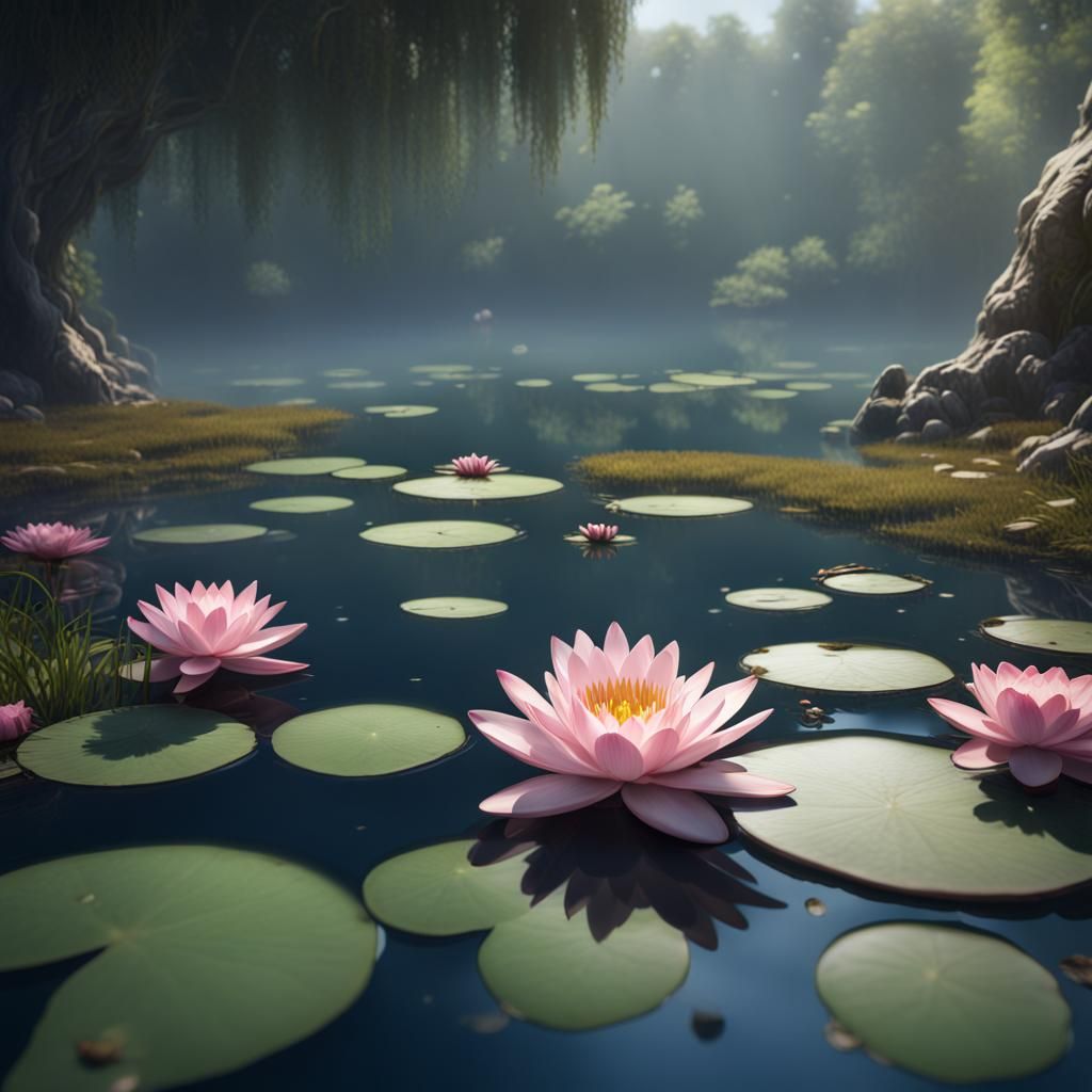 A serene water lily pond, with floating leaves and delicate ...