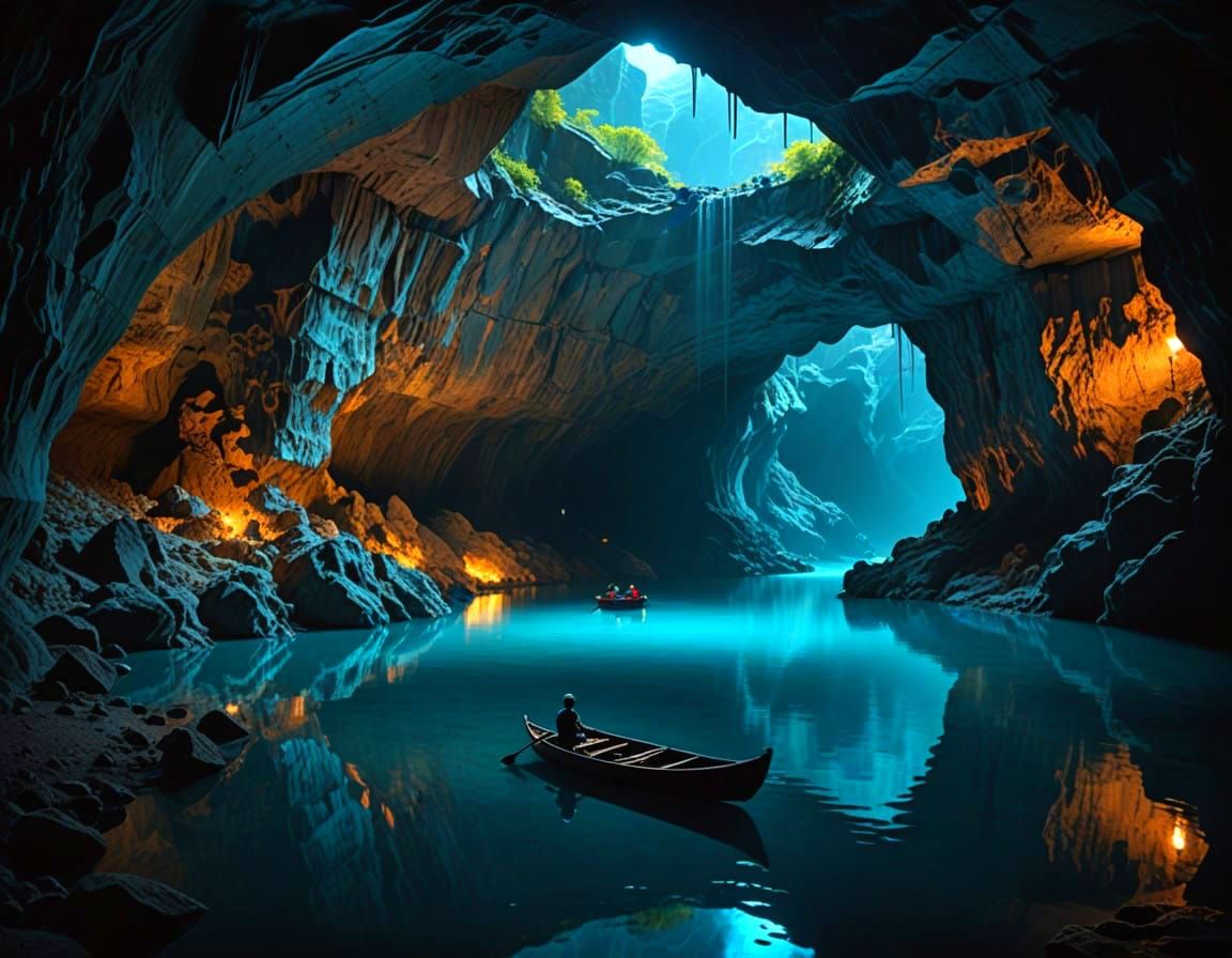 A lake with glowing luminescent blue water inside a huge underground cave. The walls of the cave are ...  by @Tokyo-Honeymilk