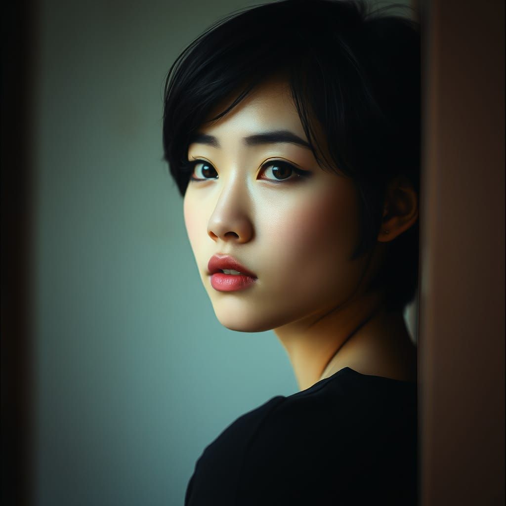 Contemplative Asian Woman in Moody Film Style