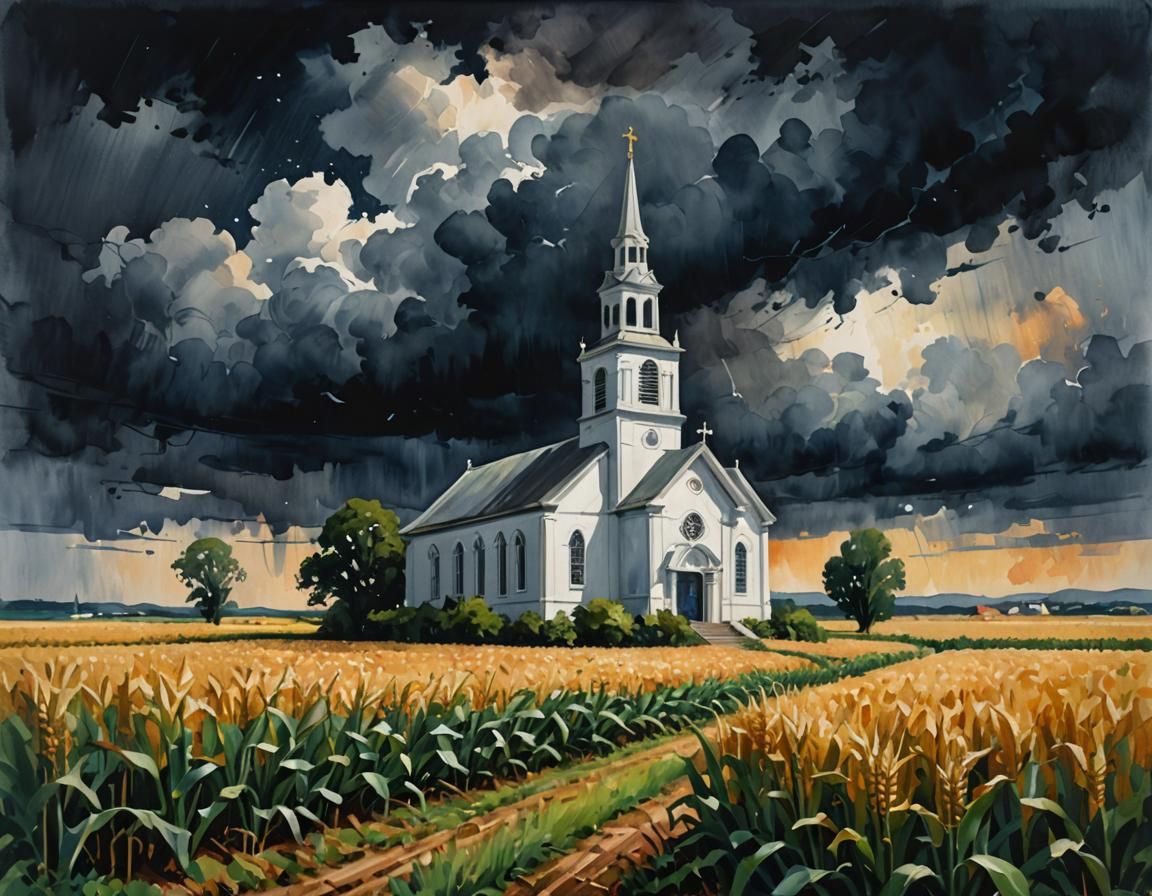 A tall white church against a stormy dark sky, in the middle...