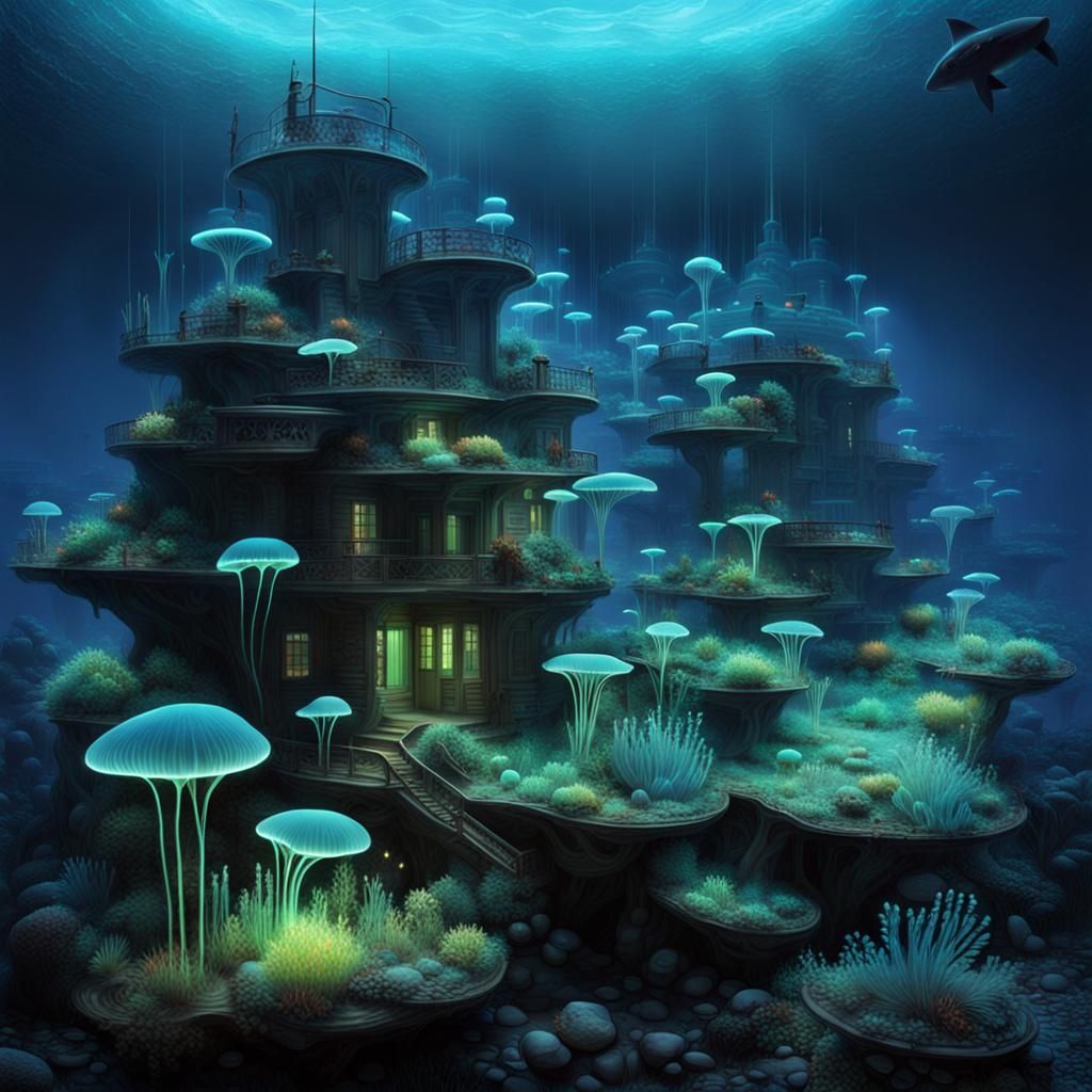 beautifully stunning Bioluminescent city at the ocean floor teeming ...