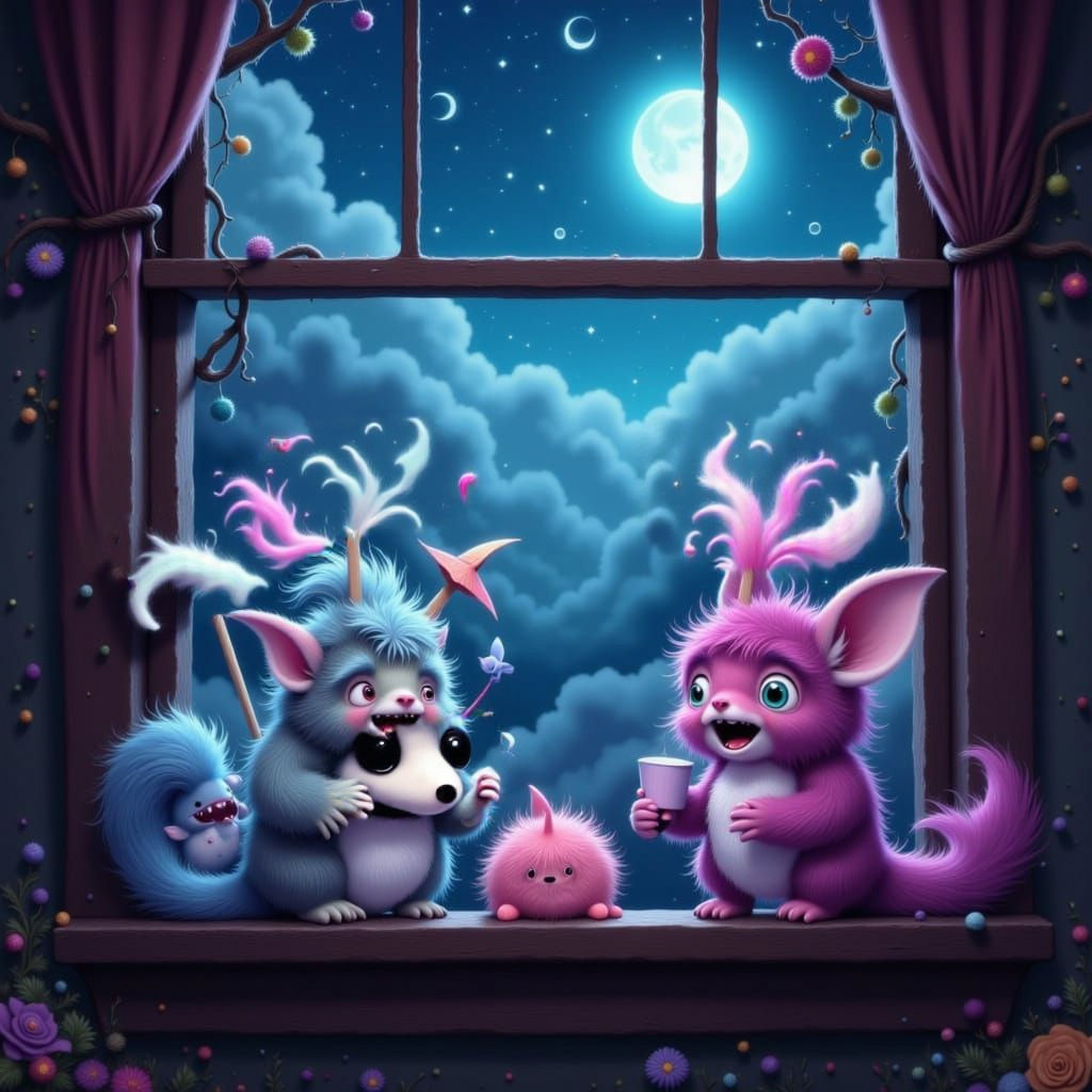 teeny playful monsters holding large signs that say, "🥉Congrats on 3rd🥉!", on a window sill, window view of the starry night sky. Moonlit  w...