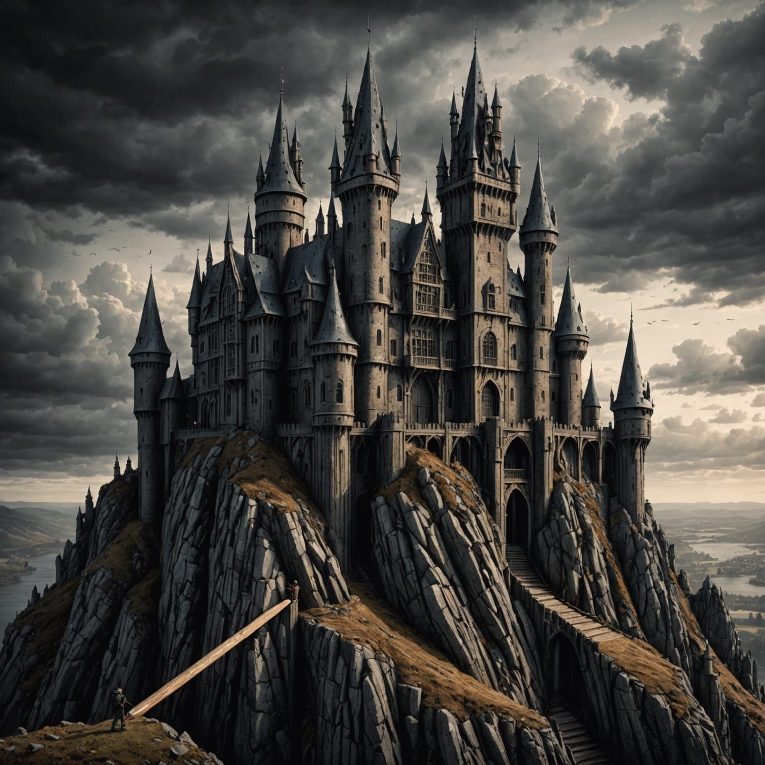 (0 likes as of 10/05/25) A grand, gothic castle on a hidden island with doom clouds filling the sky.  by @The Ruane Collective