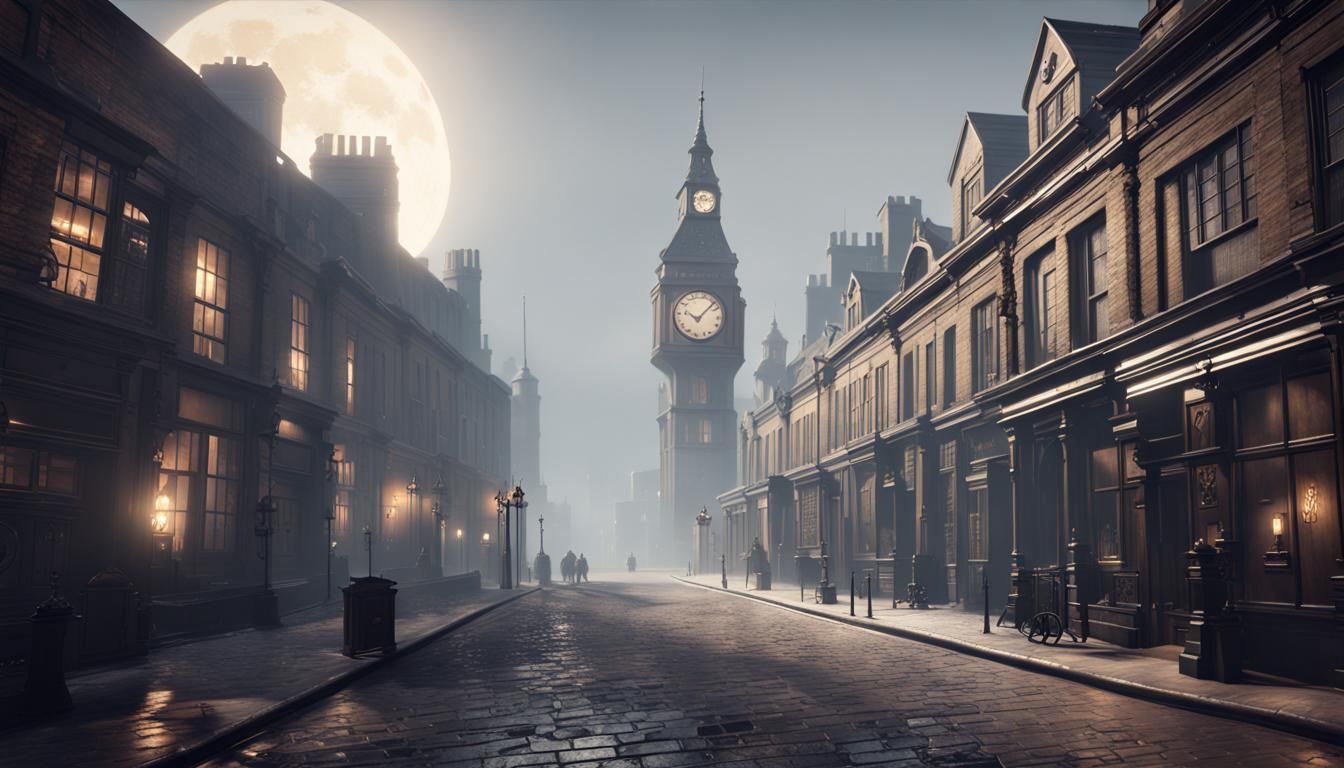 City on the moon, 1880s misty London street, Cinematic fantasy ...