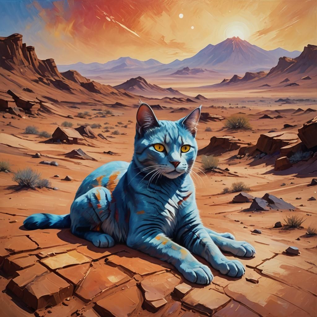 Blue Cat Lounging on Mars, Oil Painting