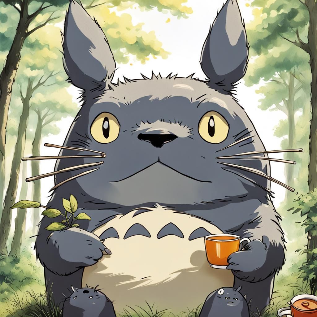 Totoro drinking tea on a sunny day