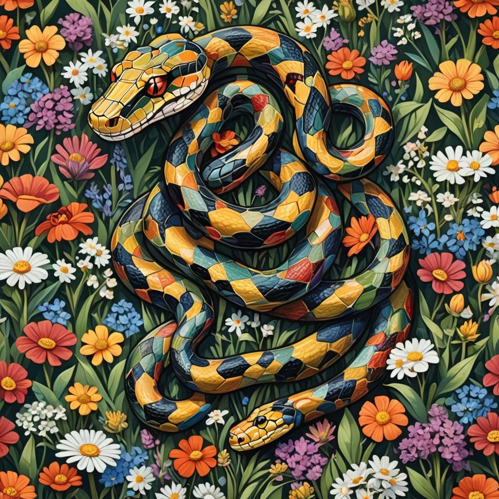 A snake with scales made of jewels, wound up in a field of wildflowers ...