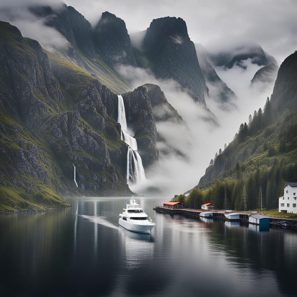 Norwegian canal, yacht sitting in still water, mountains, waterfall ...