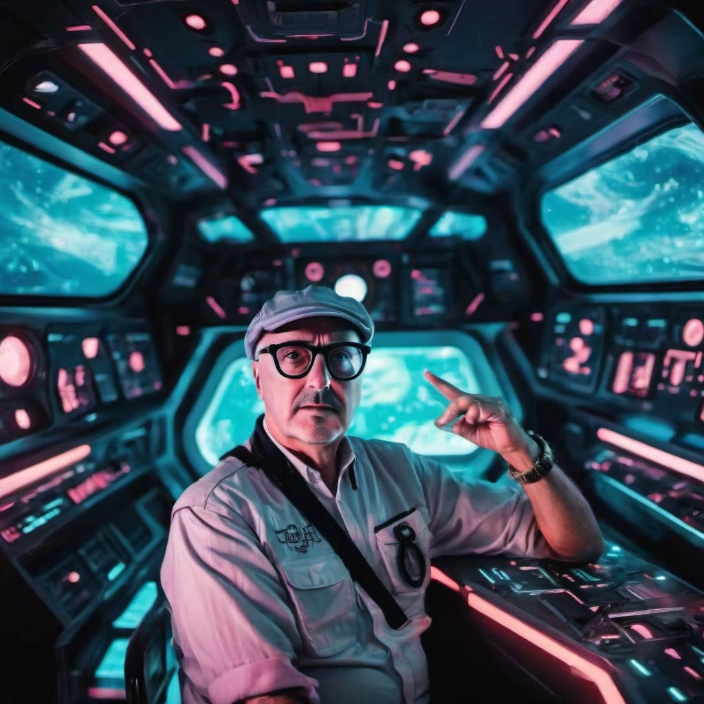 Medium shot of a person <Subject> as captain of a spaceship. Elaborate spacecraft interior. Soft neon lighting glow. cinematic realistic ski...