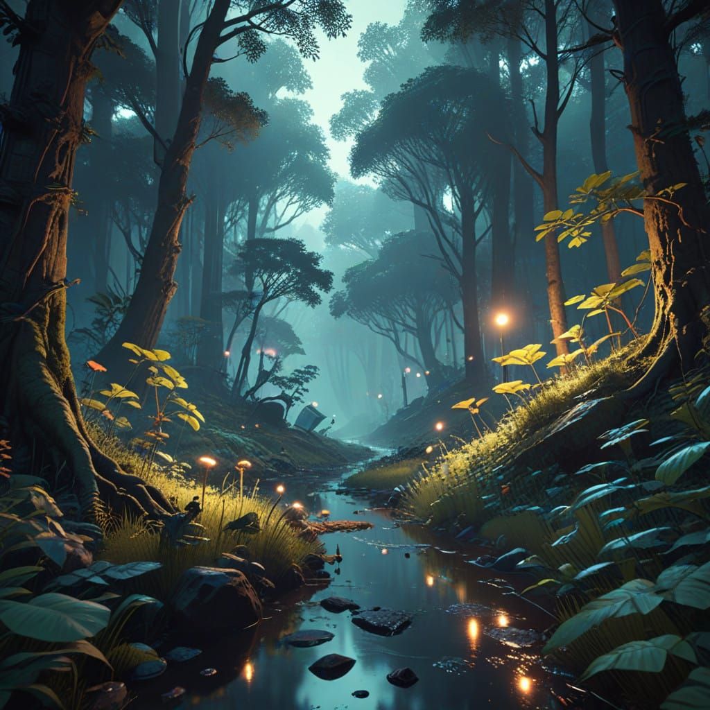 Ethereal Forest Scene with Soft, Otherworldly Glow