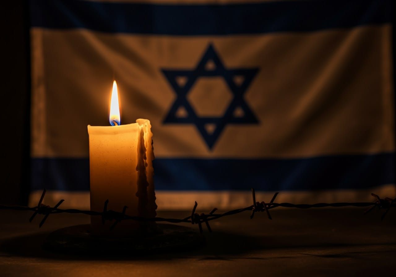 Solitary Candle in a Dimly Lit Studio, Israeli Flag in the B...