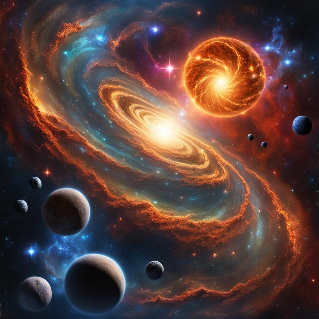 (galactic spiral nebula with meteorites and planets, flashes...