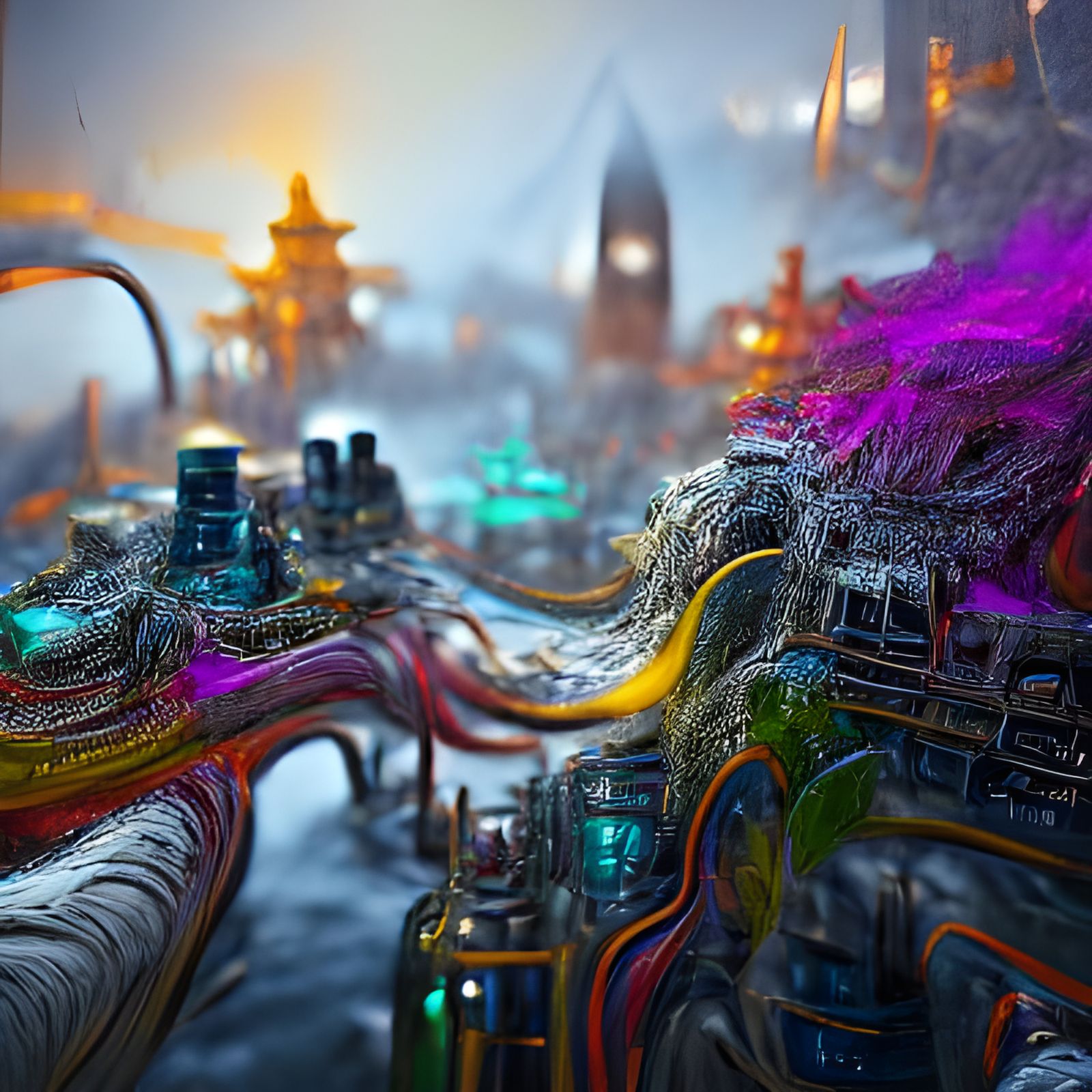 Futuristic city made of walls of modular synthesizers, inter...