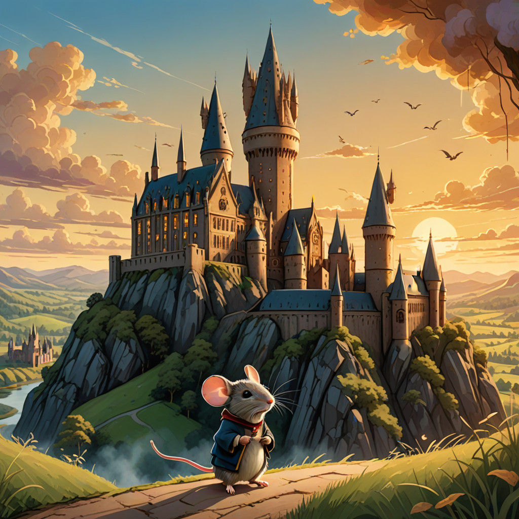 Mouse in Hogwarts Uniform Stands Before Castle in Whimsical....