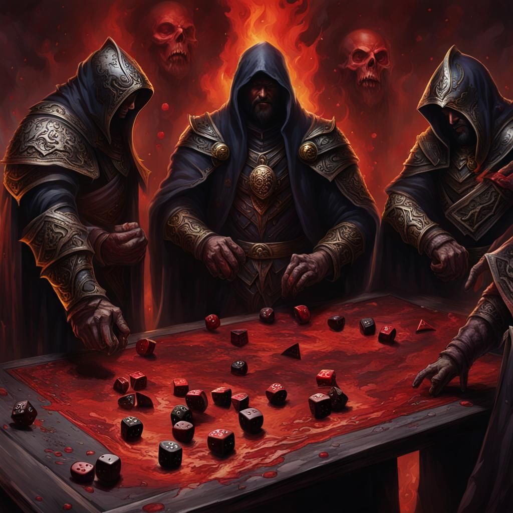 Dark gods rolling dice on a tabletop, blood flow from the ta...