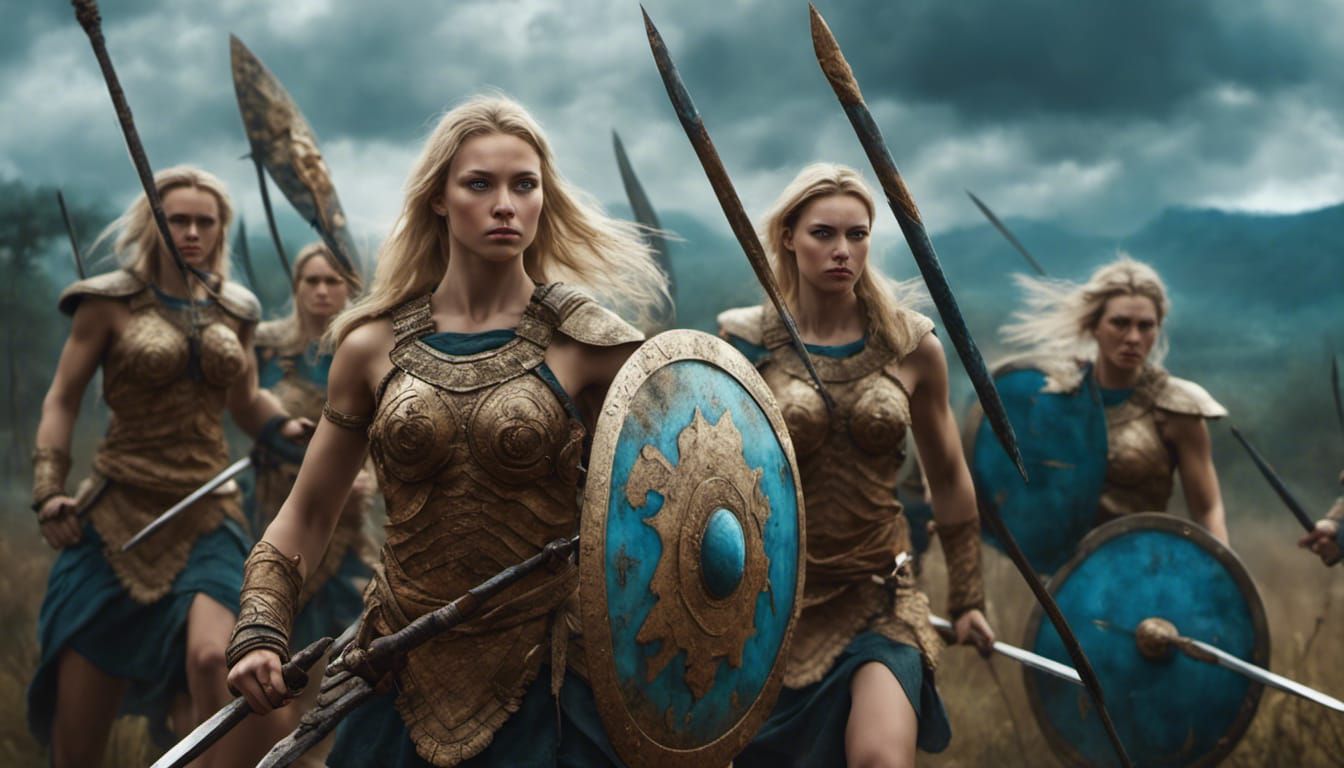 550 BCE fantasy blonde female Amazon blue eyed warriors with...