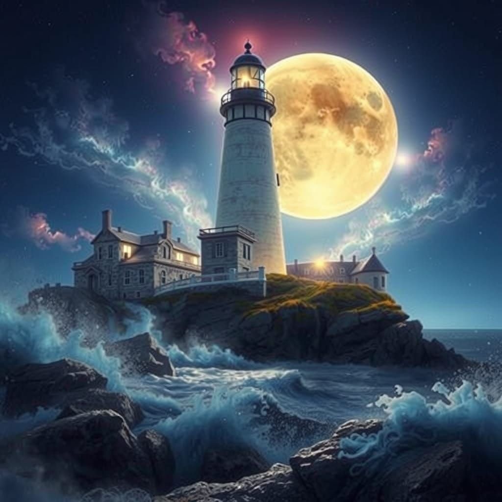 Split Rock Lighthouse stands tall, a resilient beacon, as a brilliant full moon ascends behind it, casting an ethereal glow, surrounded by t...