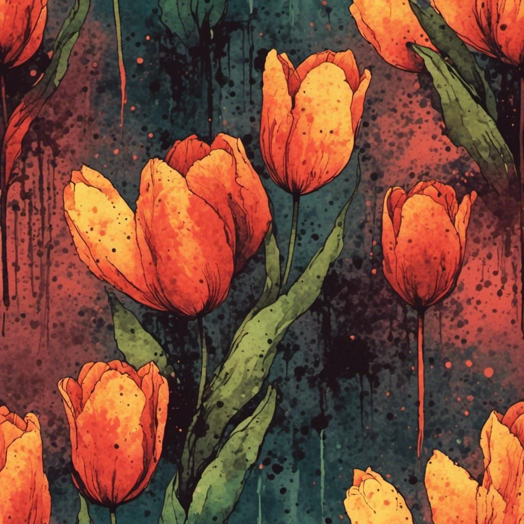 a tulip back lit by rainy sunset Colored-Ink Blotch style art<lora:Blotched Ink:1.0> 