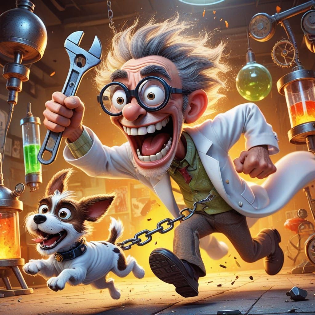 Quirky Inventor's Wild Adventure in Exaggerated Cartoon Styl...