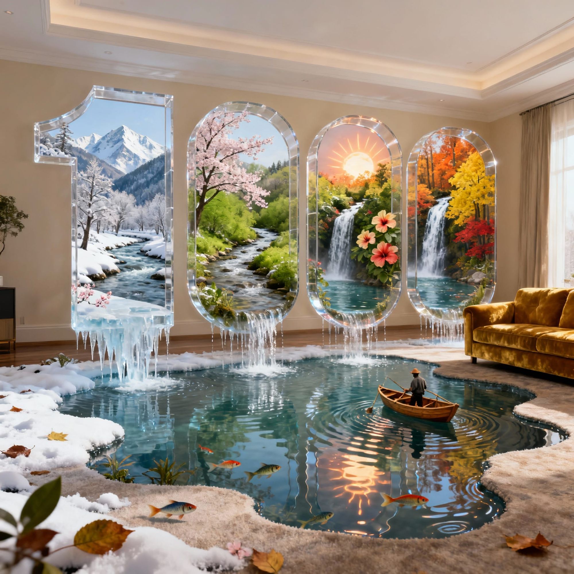 Hyperdetailed hyperrealistic masterpiece. Interior living room featuring large acrylic numerals "1000", each numeral displaying different hi...