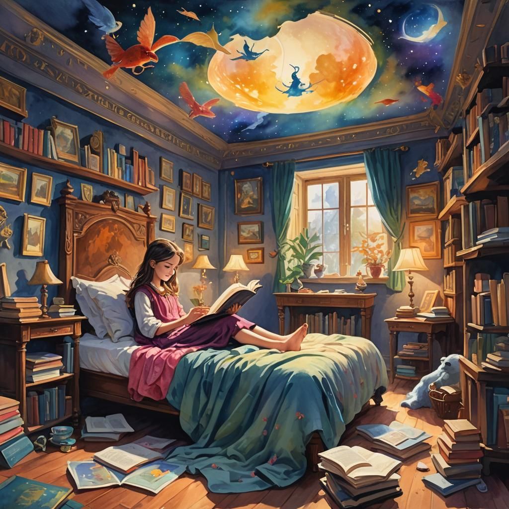 1 child girl reading fantasy book in bedroom, fantasy charac...