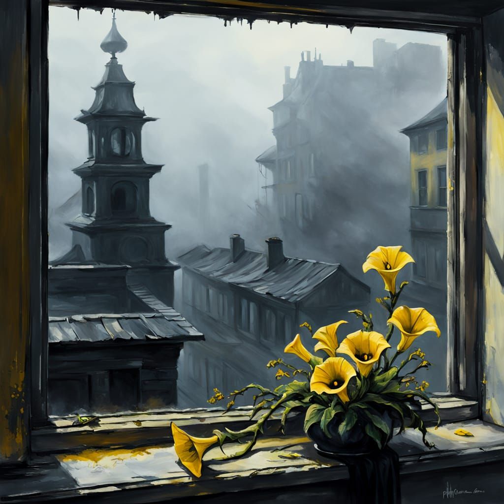 Ethereal Ouroboros in Oil, Post-Apocalyptic Window Scape