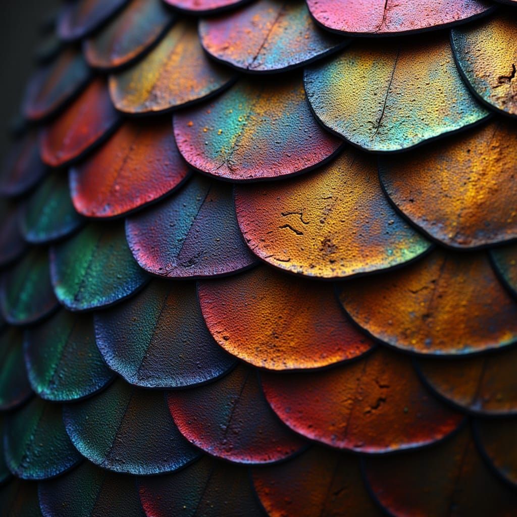 <lora:Hyperreal Fantasy:1.0> A close-up of dragon scales, with rich colors and intricate details. The scales should have a metallic sheen, ...