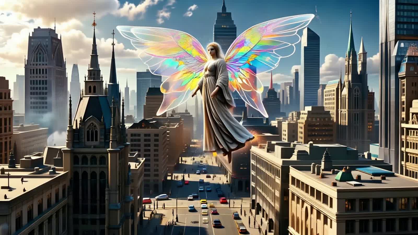 A celestial being, depicted with stained-glass wings and robes of cosmic dust, hovers above a bustling futuristic city. ...