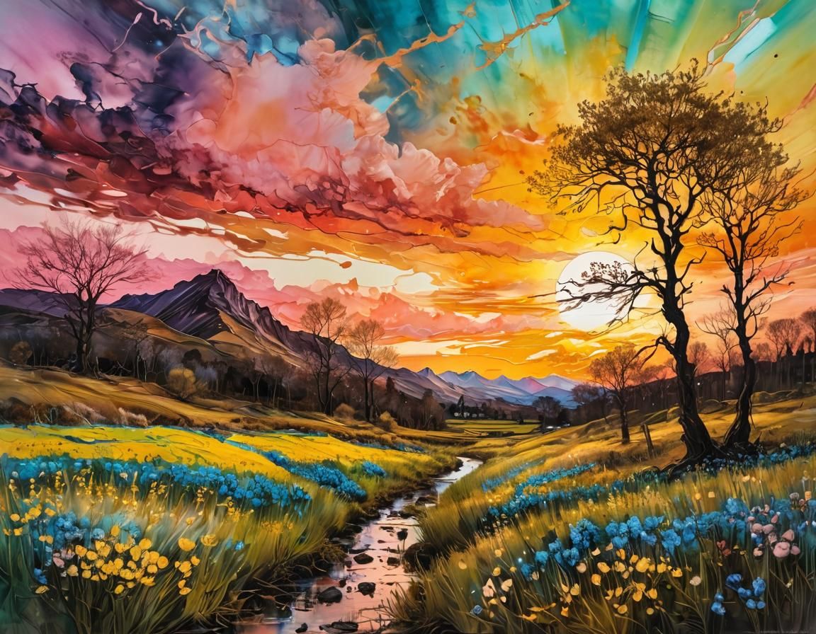 Encaustic spring landscape alcohol ink chaotic sunset spring, golden ratio, by Van Gogh, Carne Griffiths