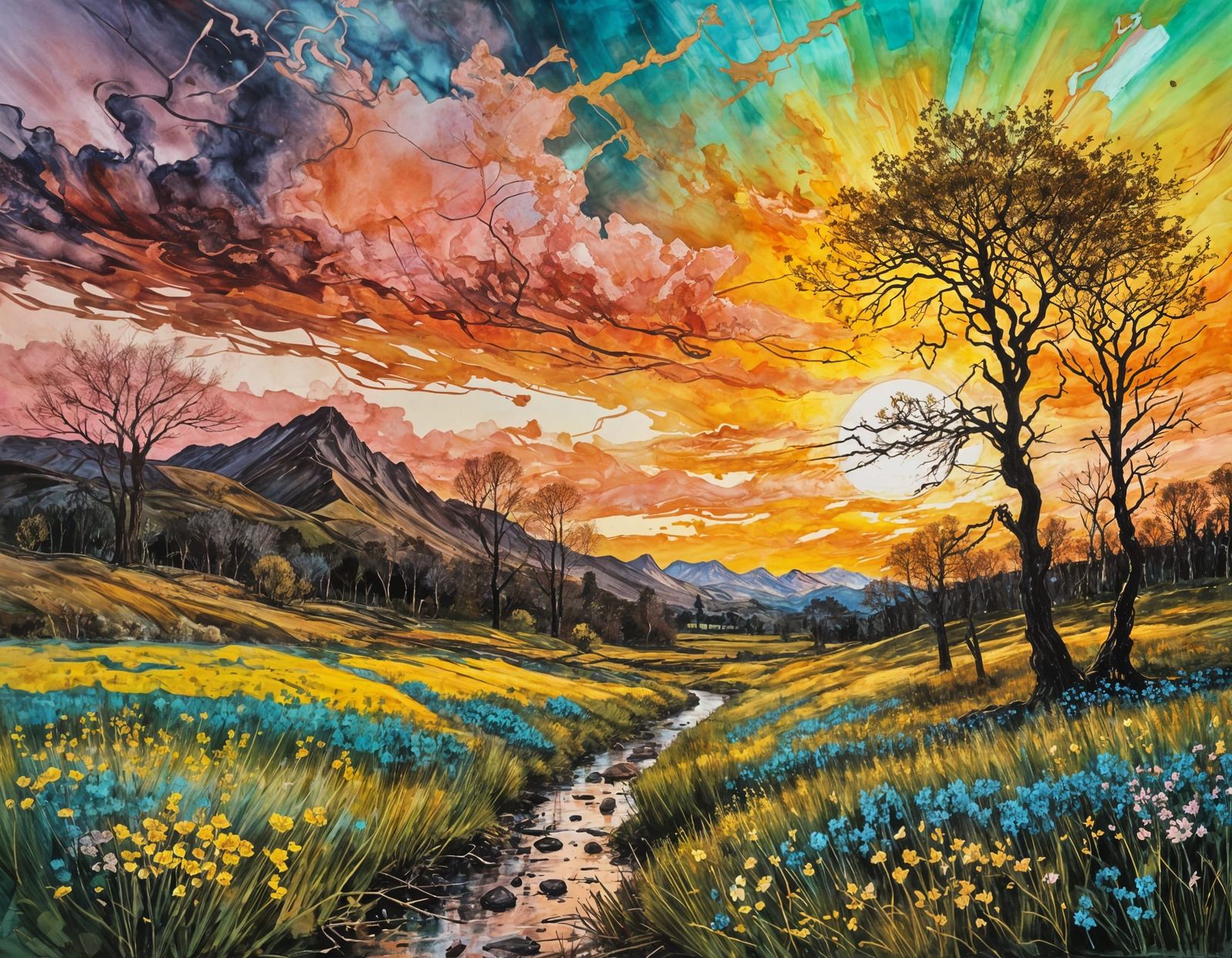 Encaustic spring landscape alcohol ink chaotic sunset spring...