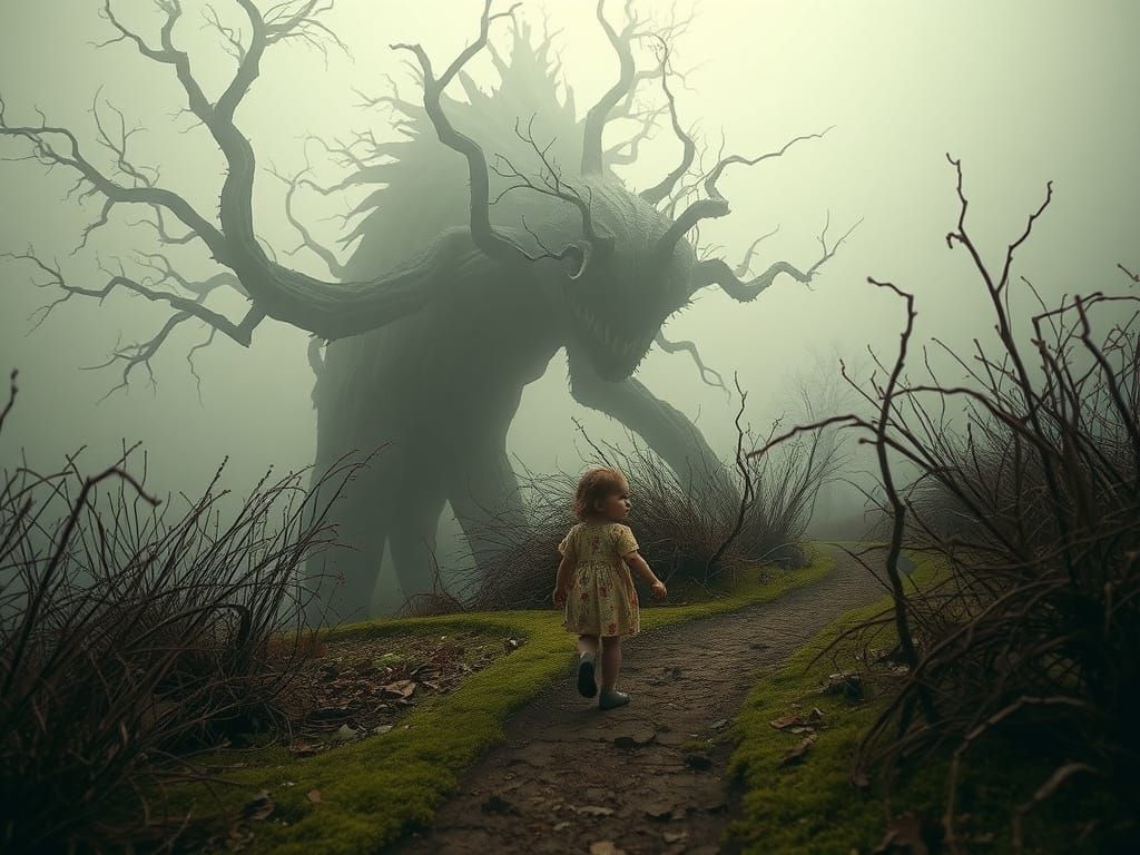 A tree-like monster lurks in desiccated, foggy, swampy, over-grown garden, a small child walks on a twisting ...  by @Abby Weaver