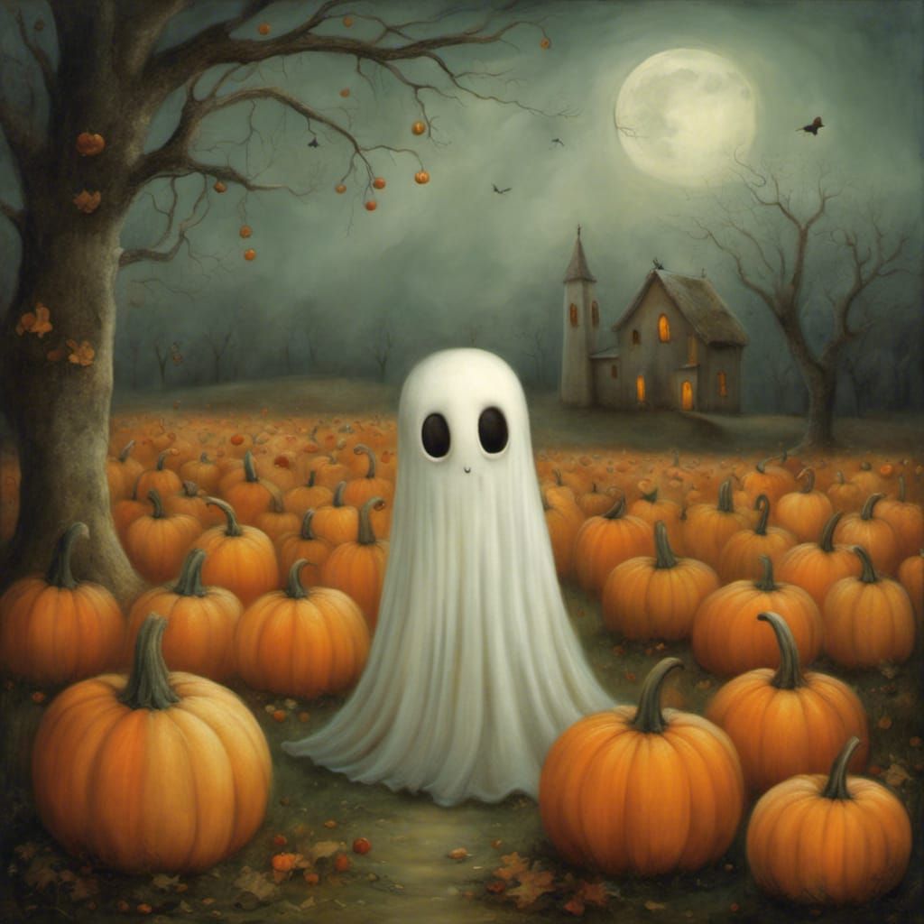 Lonely ghost with pumpkins