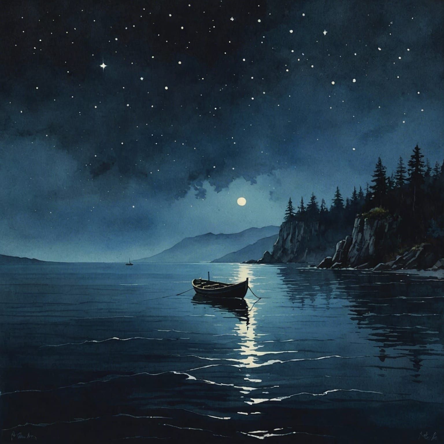 Night Ocean Boat in Watercolor Painting Style