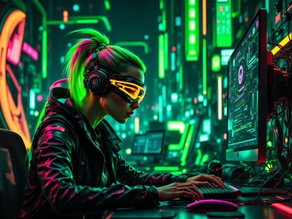 Cyberpunk female with long neon green hair neatly in a pony tail , neon green viser on her eyes  working ...  by @  debster