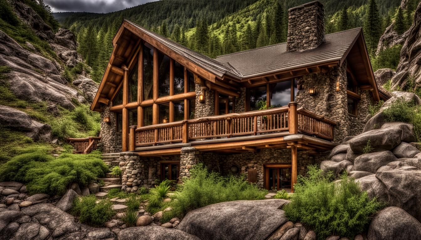 Located in a deep valley, a stone and wood lodge blends beautifully ...