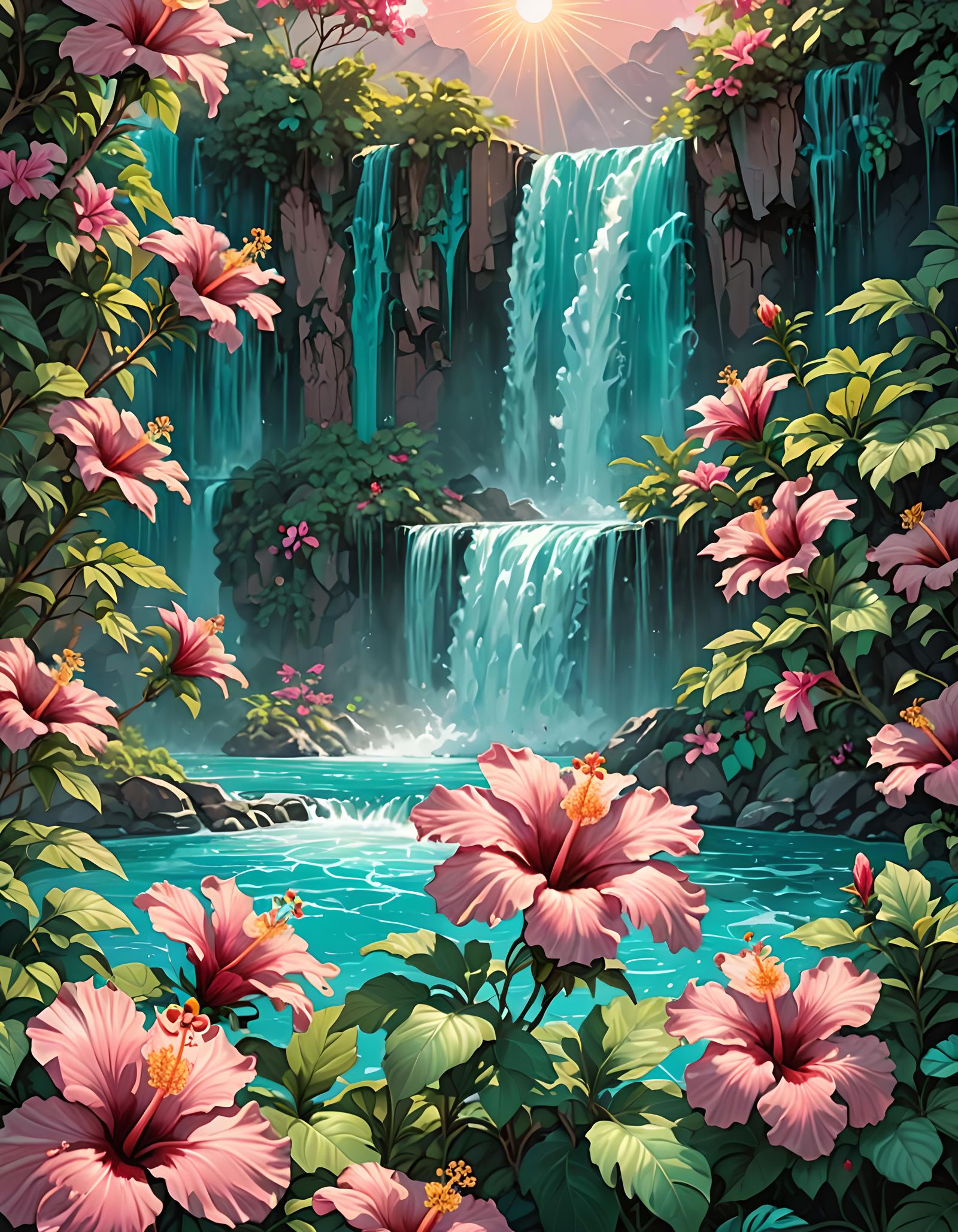 Waterfall and hibiscus
