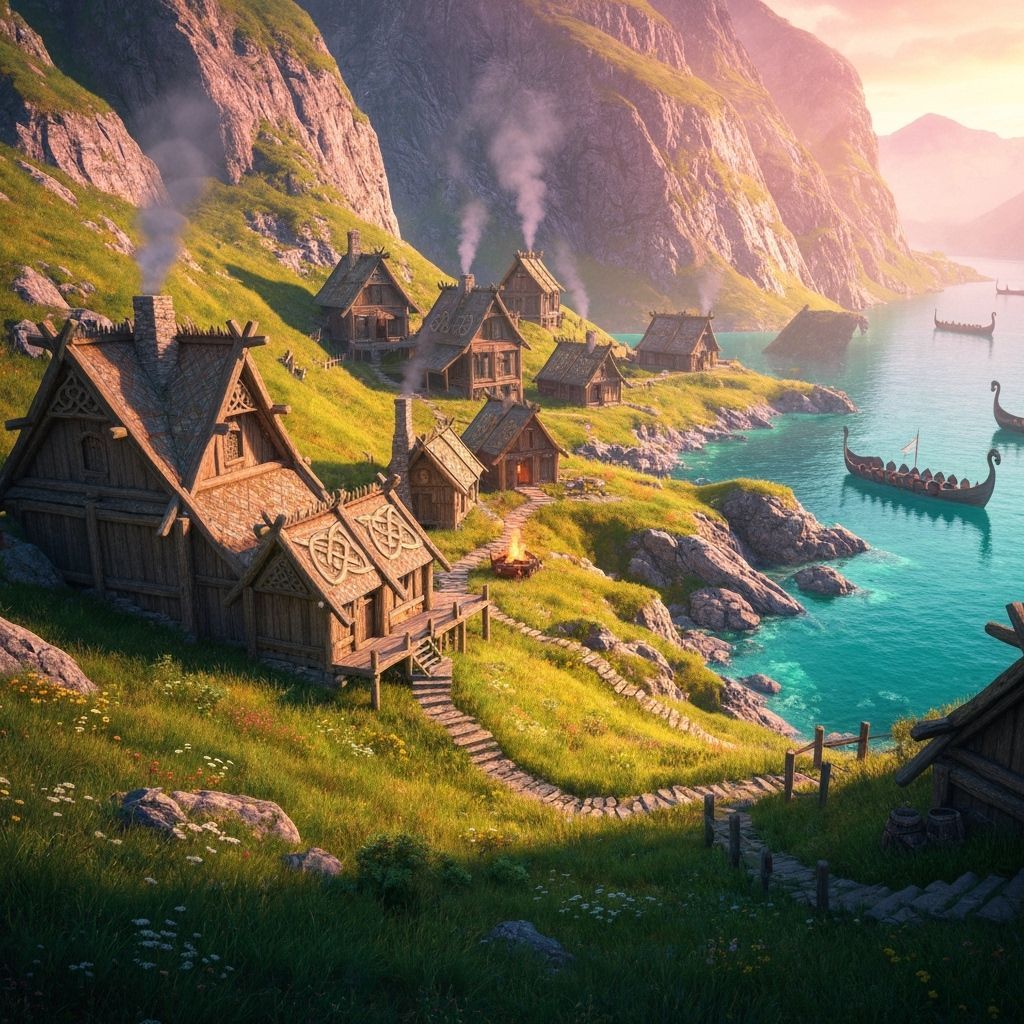 Ultra 8K cinematic scene of an ancient Celtic village nestled in a dramatic fjord. Lush green grass and wildflowers carpet the steep slopes,...