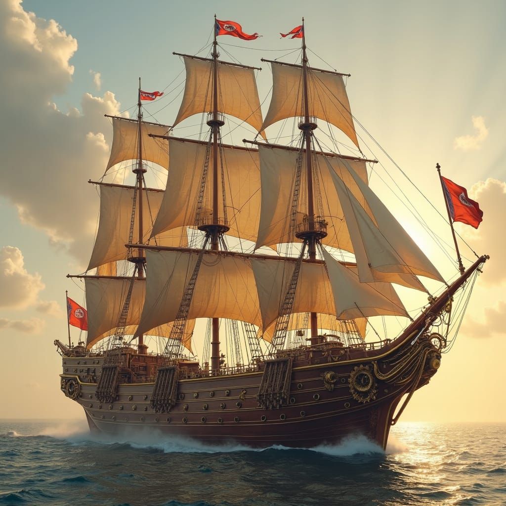 "A majestic steampunk sailing vessel has sails billowing against a sky filled with wisps of steam and ...  by @Oilscout