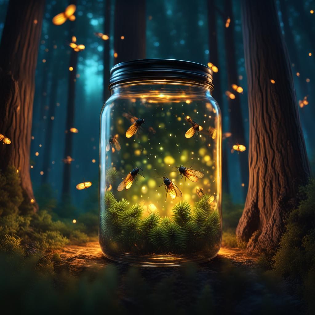 8k realistic, twinkling fireflies in a jar at night in the forest among ...