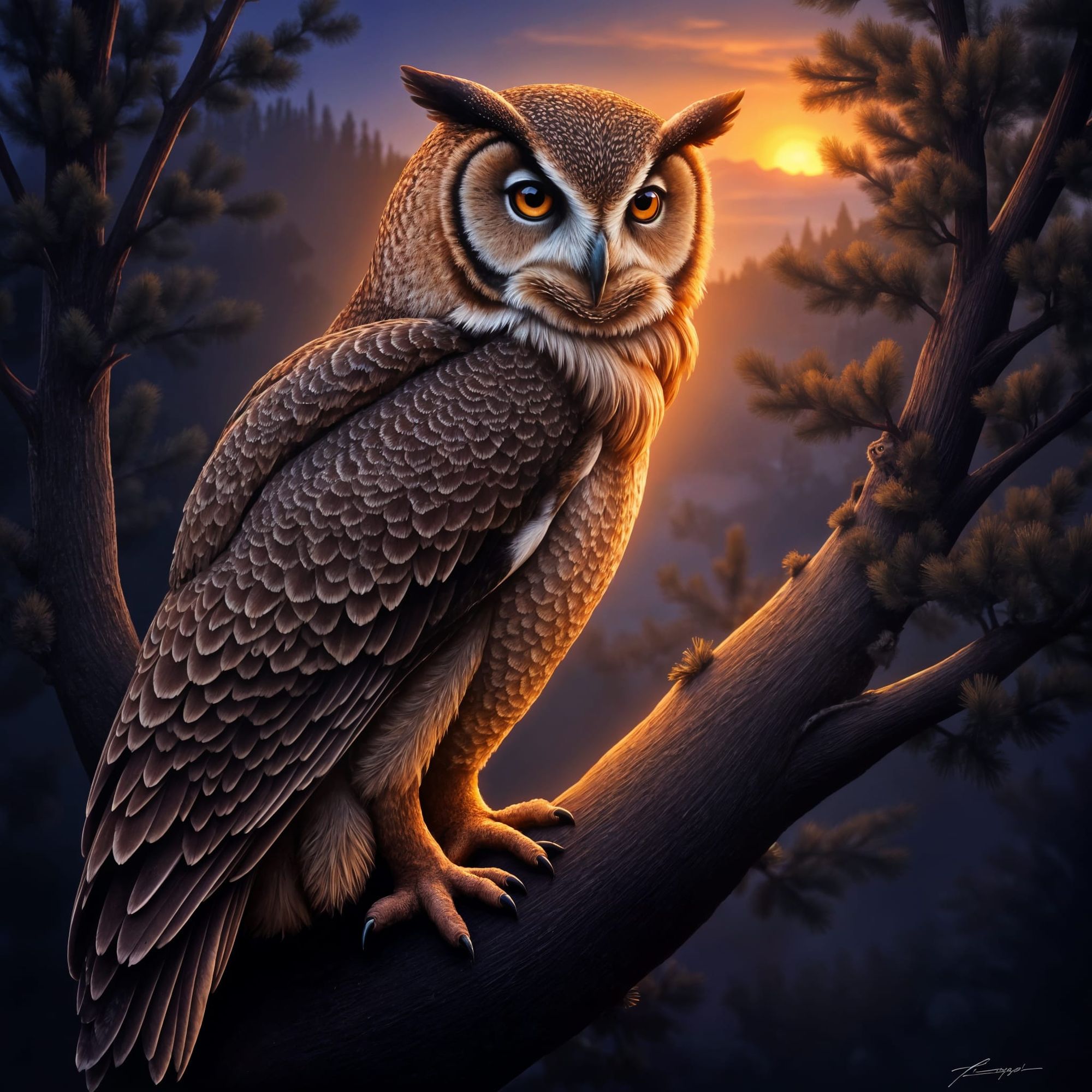 An owl in a pine tree at dusk as the last rays of the sun awaken her readiness for night-time hunting  (2)